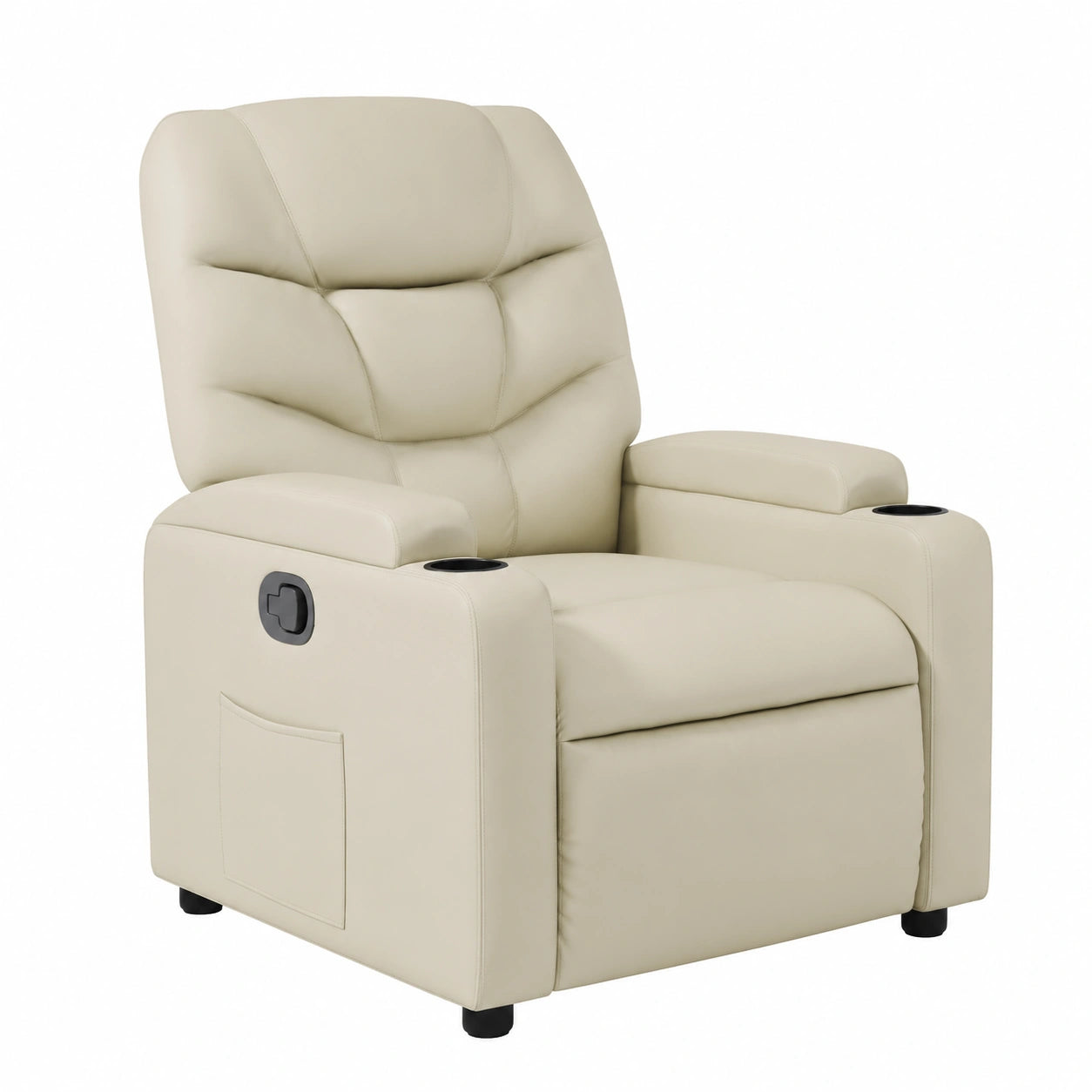Poltrona relax massaggiante in ecopelle crema con reclinazione manuale 135°, massaggio vibrante a 6 punti, struttura robusta in legno e metallo