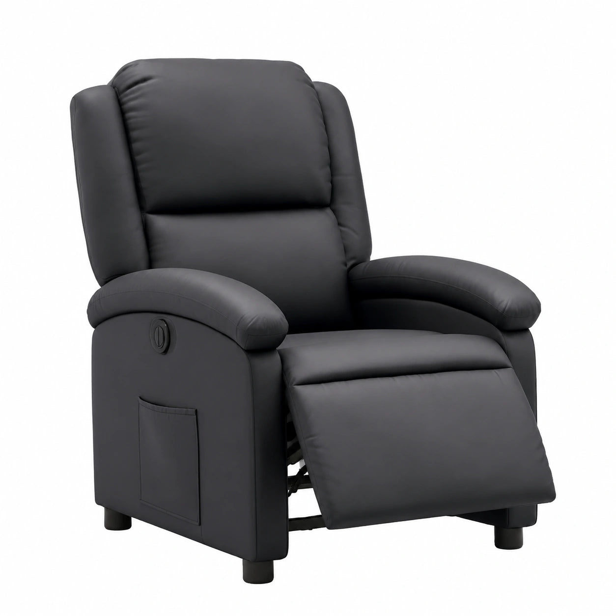 Poltrona relax reclinabile in pelle nera con struttura robusta in metallo e legno