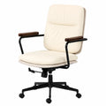 Sedia Ergonomica in Pelle con Braccioli in Legno, Poltrona Reclinabile Girevole per Studio e Gaming con Ruote, Ideale per Spazi Compatti (Beige, A)